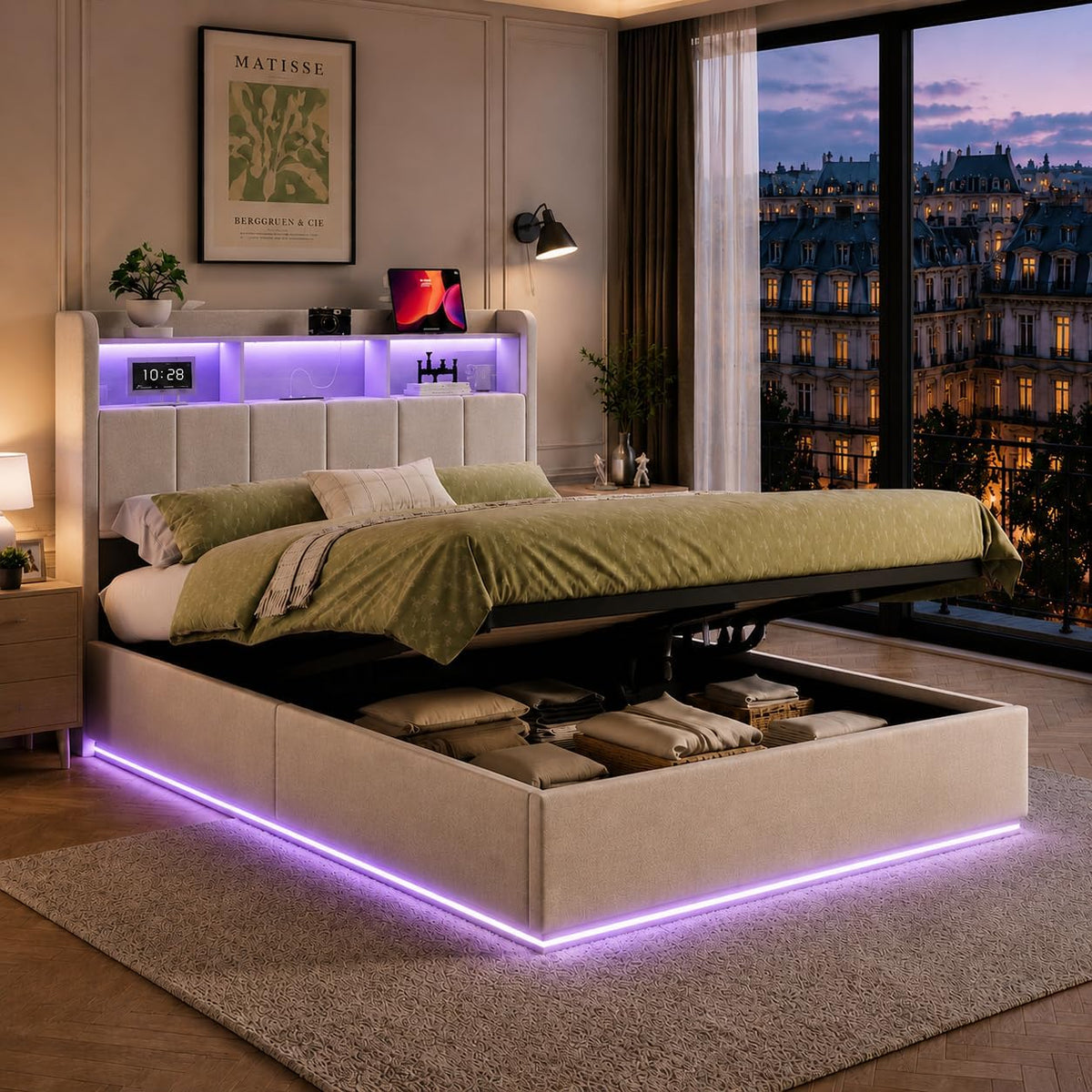 Lit, éclairage LED, 140 × 190 cm, LIVLUX, 91 × 120 cm, 160 × 200 cm, réglable, Blanc, portable, Velours