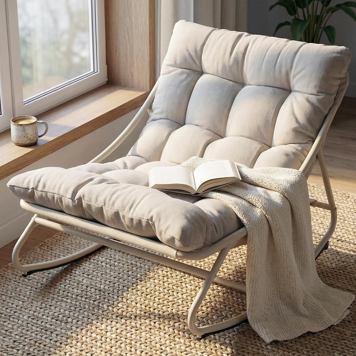 Fauteuil Grand patio, Chaise Relax Ergonomique en Métal, Jusqu'à 150 kg –Blanc Cassé, pour Jardin, Résistante aux Intempéries, Terrasse