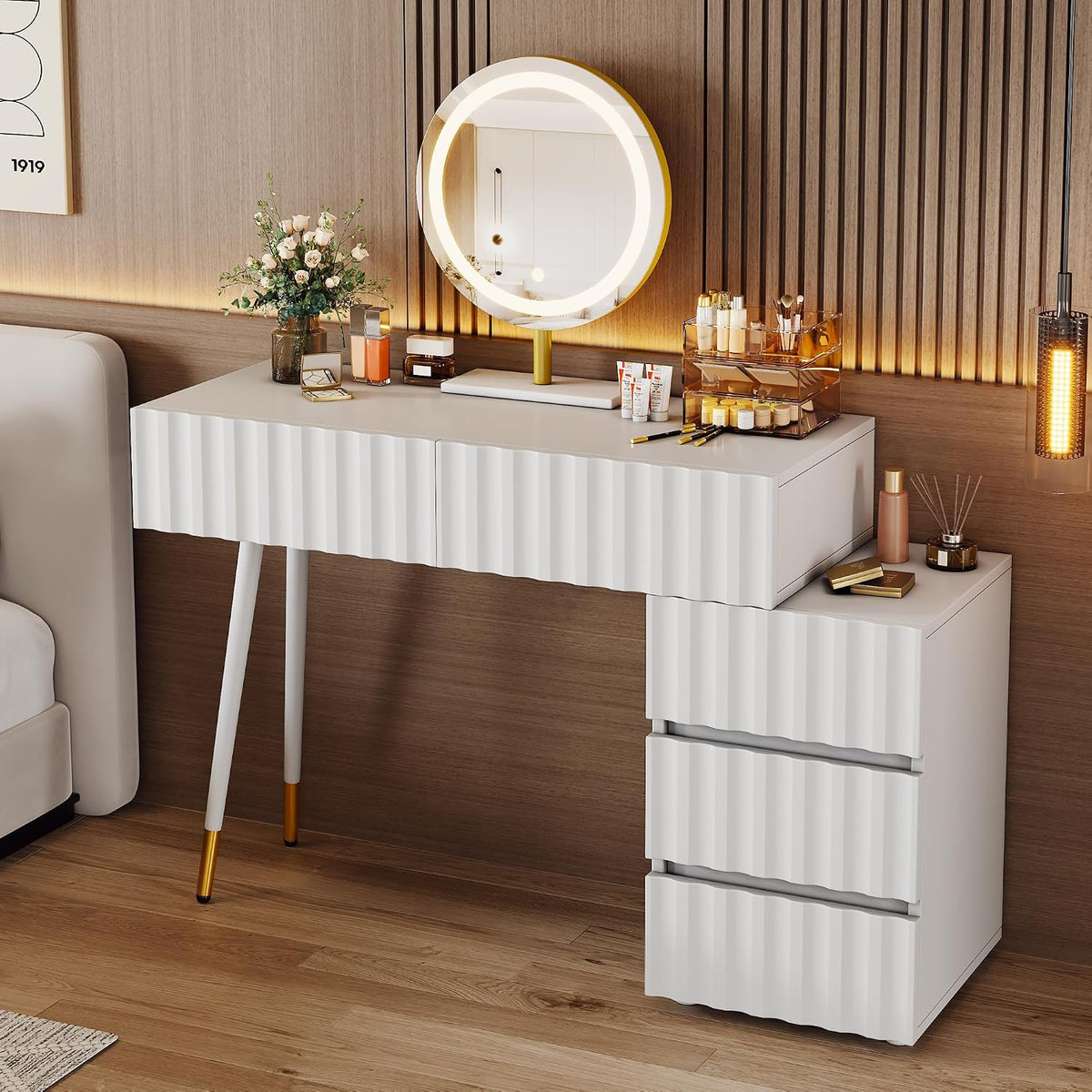 Coiffeuse, 2-en-1 Bureau pour Chambre, 2-en-1 Blanc-7W, Table de Maquillage avec 5 Tiroirs de Rangement, en Bois et Métal, Yihomfy