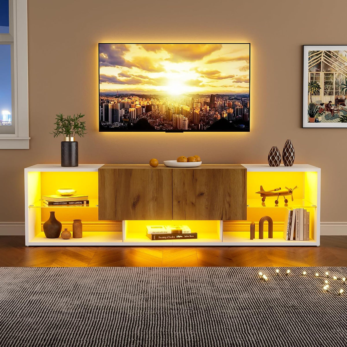 Meuble TV, télécommande, 70 Pouces, verre, Console de Jeux avec Rangement pour PS5, Yihomfy, 160 × 40 × 42 cm, 4 modes, Blanc-11W, 2 Tiroirs