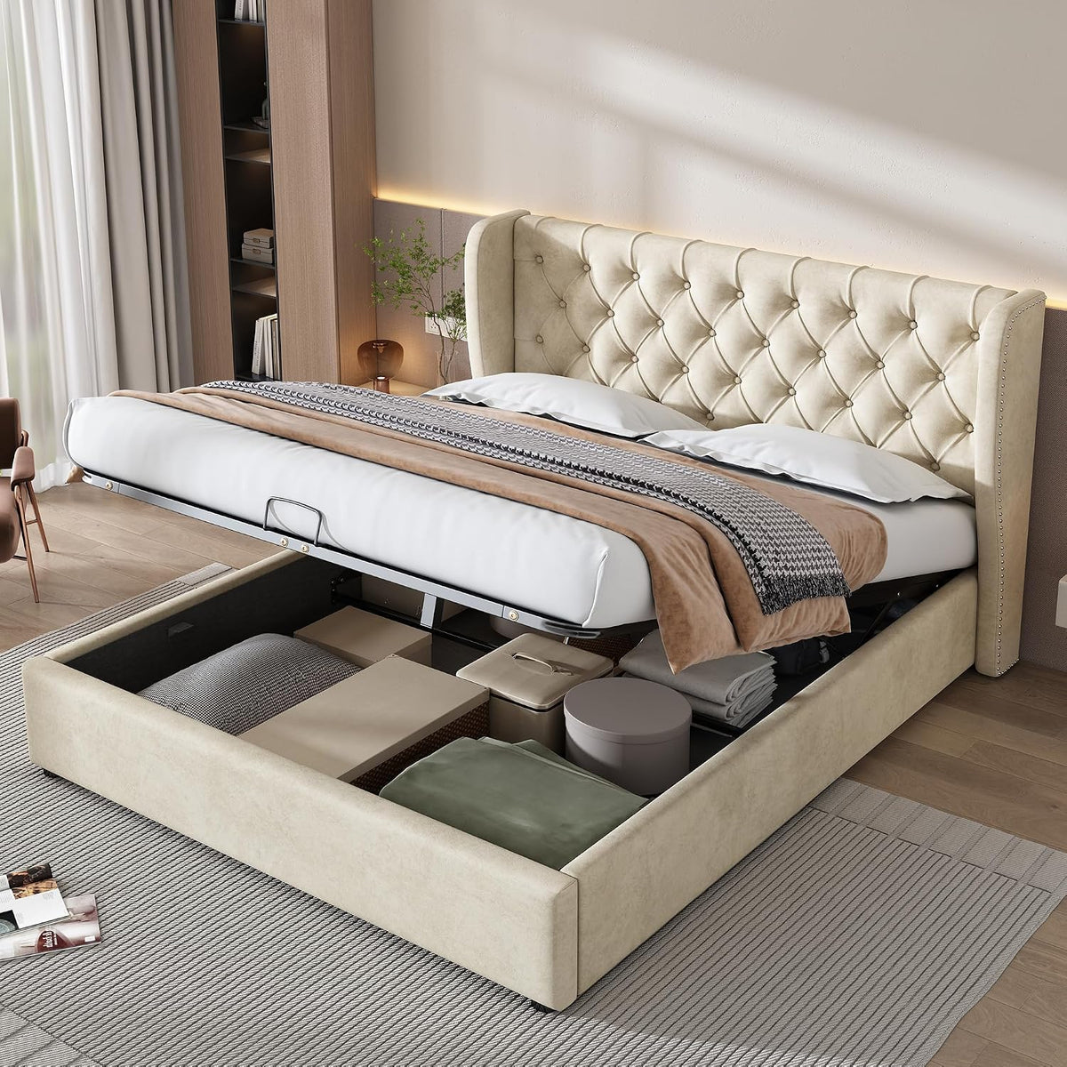 Lit Sapgaks 180x200, Double à Lattes Pour 2 Personnes, 180 × 200 cm, Cadre Capitonné en Velours