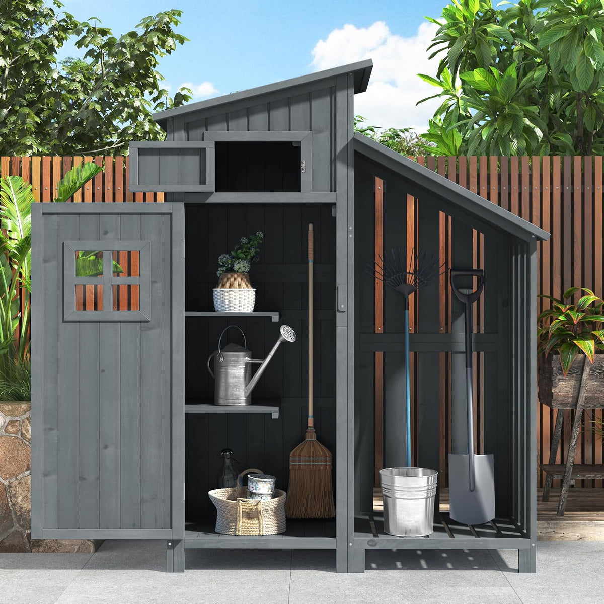 Abri de jardin, Armoire de Jardin Extérieur avec 2 Étagères, Cabane de Jardin avec Toiture en PVC, BTM, 124 × 46 × 174cm, Gris