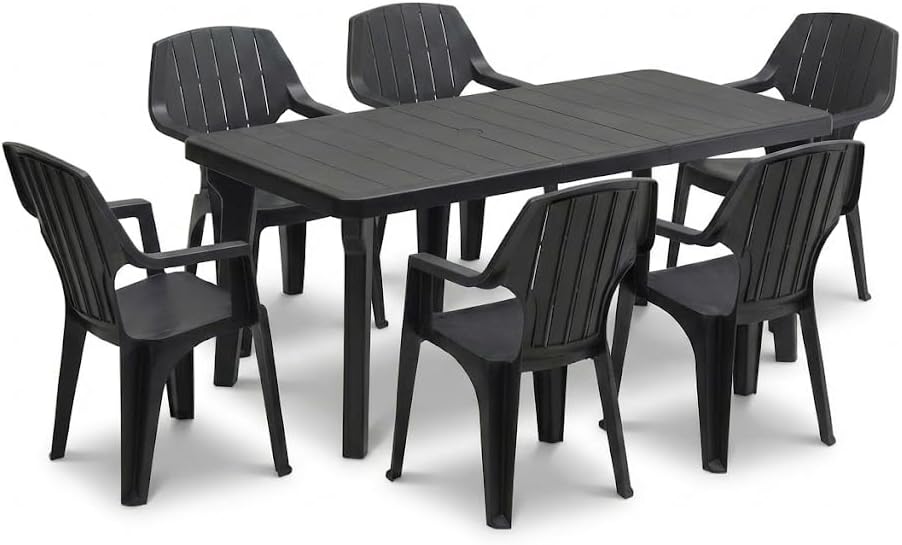 Ensemble salle à manger, 220 cm, avec accoudoirs, pour l'extérieur, Tomaino, 90 cm, 74 cm, Noir, empilable, terrasse