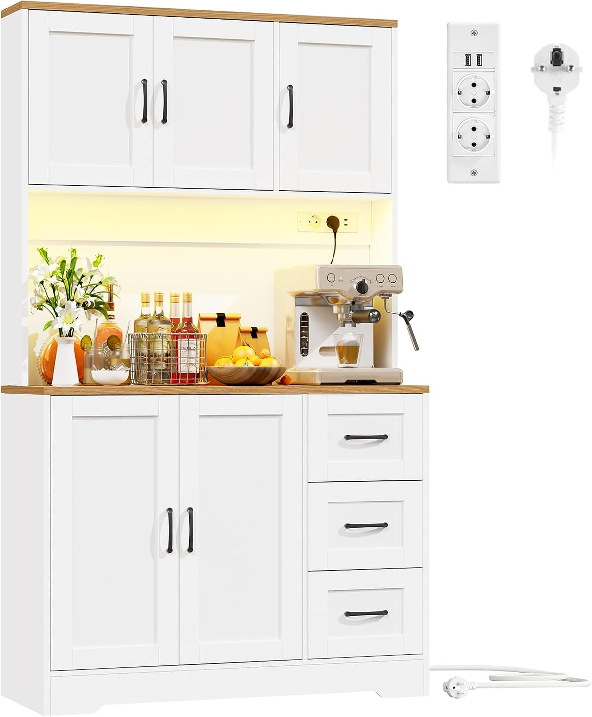 Buffet, éclairage LED, 180 × 100 × 40 cm, Armoire de Cuisine, BEWISHOME, 100 cm, 5 cm, 3 tiroirs, réglable, Meuble de Rangement