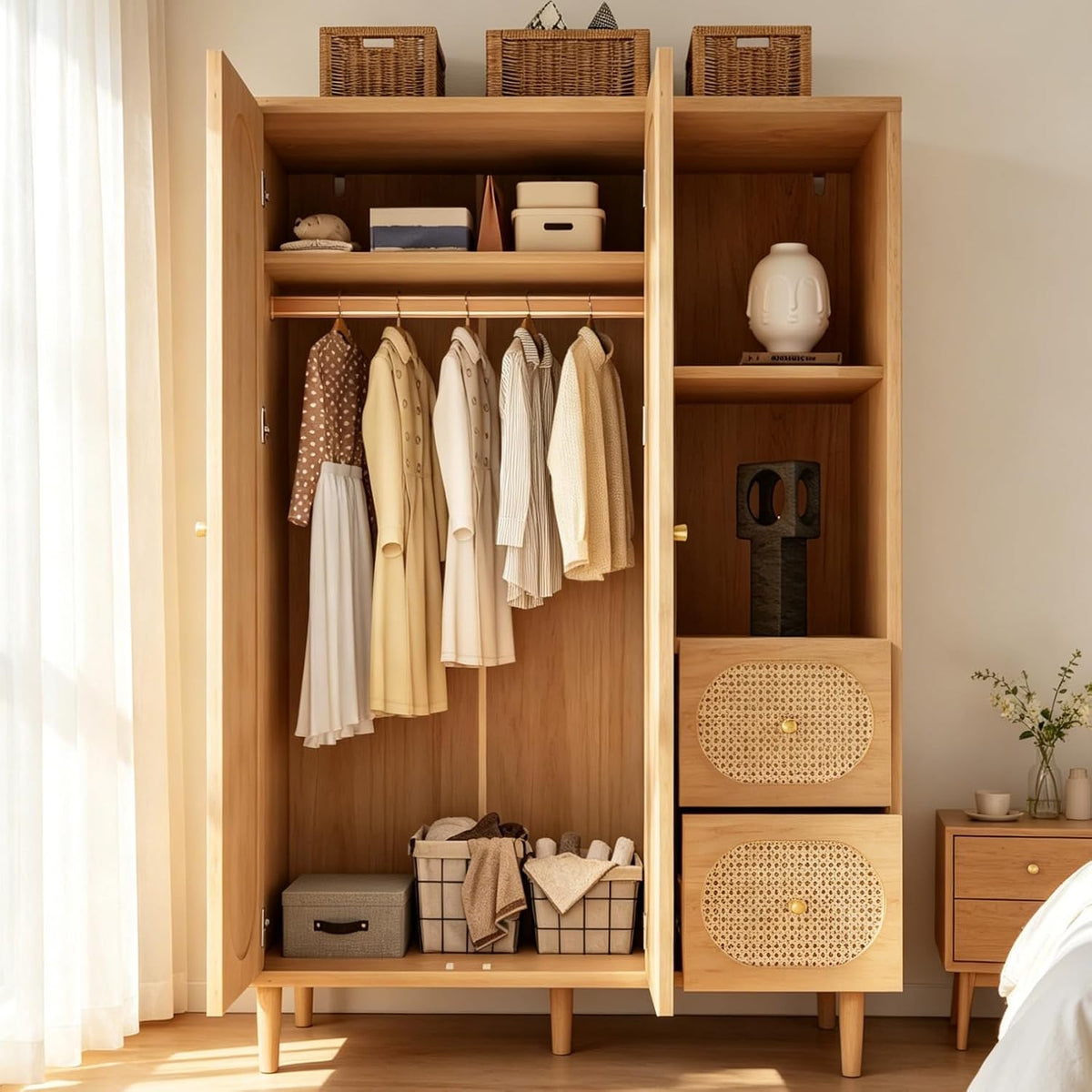 Armoire, 15, 5 cm, réglable, pour Chambre à Coucher, luckdect, 2 Portes, 2 Tiroirs, Garde-Robe et Étagères Ouvertes, Une Tringle