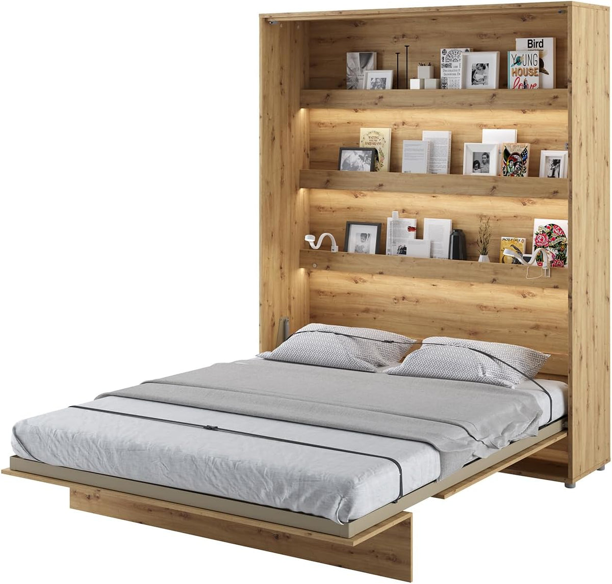 Lit, 46 cm, éclairage LED, MEBLINI, 22 mm, 16 mm, 3 mm, 8 cm, 20 cm, 160 × 200cm, pliable, réglable, Mural Rabattable, Armoire