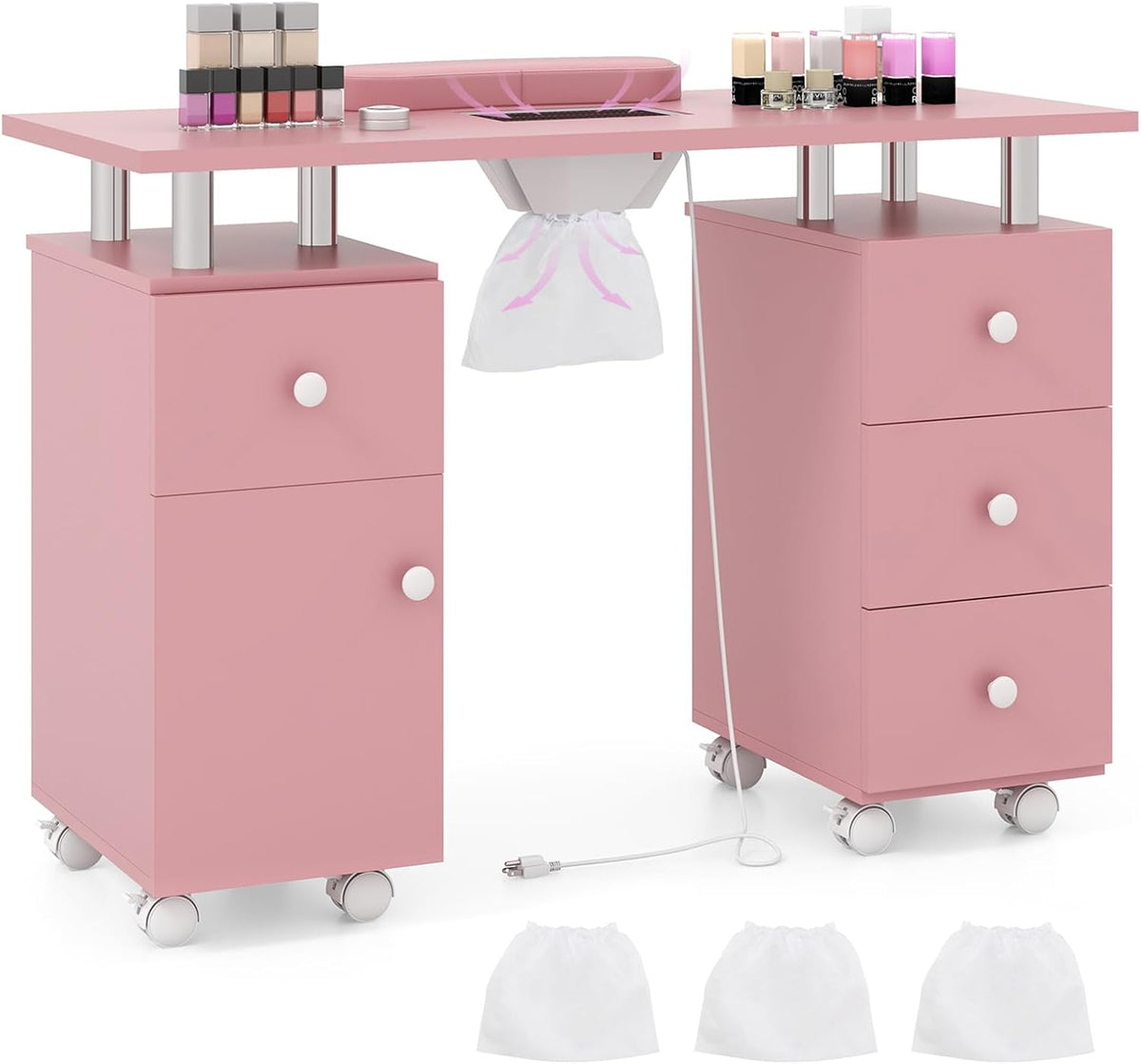 Table de manucure RELAX4LIFE, Table Onglerie à roulettes avec 4 Tiroirs, Bureau de Manucure pour Prothésiste Ongulaire Salon de Beauté, Placard