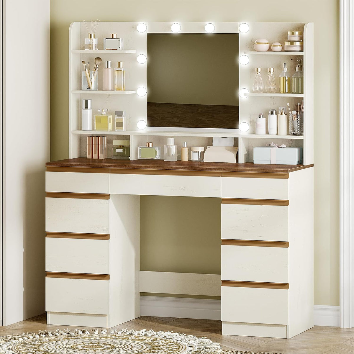 Coiffeuse, éclairage LED, Hzuaneri, réglable, Blanc-Marron