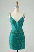 Robe courte moulante vert foncé scintillante pour bal de rentrée, corset et paillettes