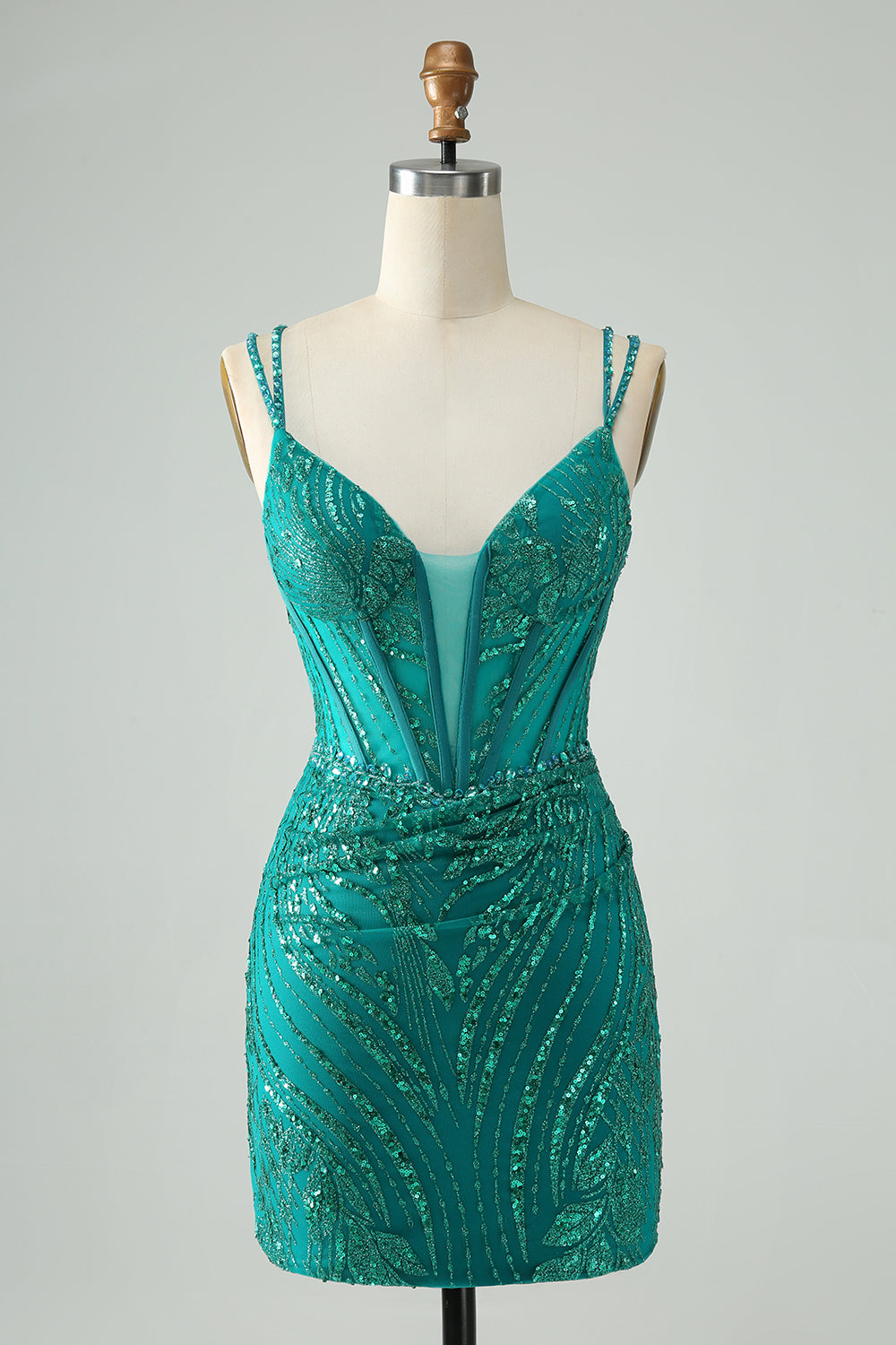 Robe courte moulante vert foncé scintillante pour bal de rentrée, corset et paillettes