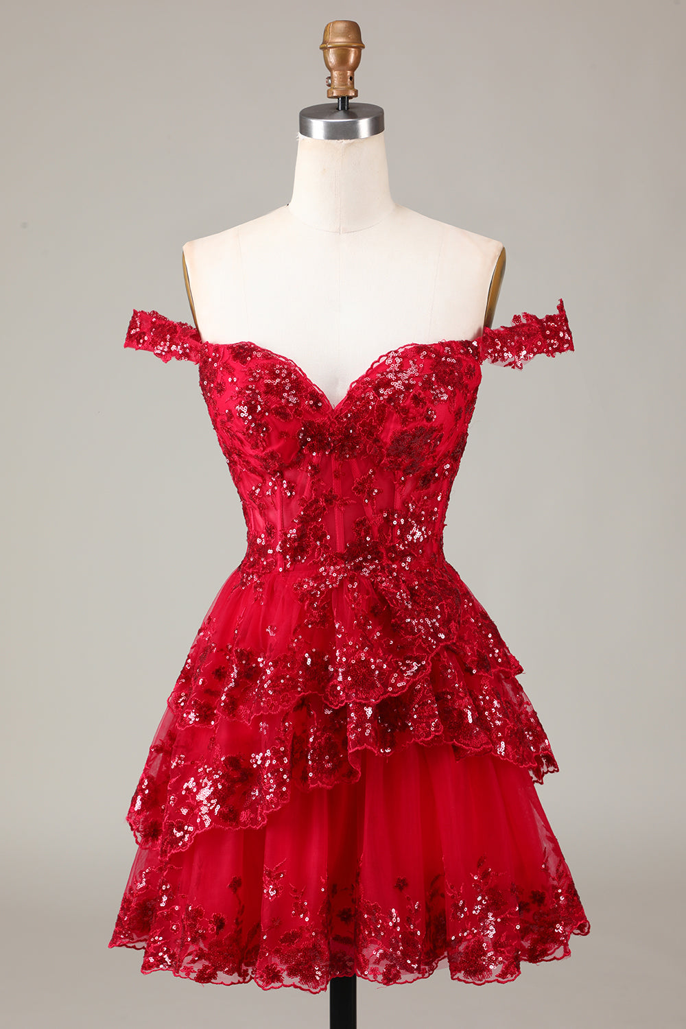 Robe courte trapèze rouge scintillante pour bal de rentrée, corset, dentelle et volants superposés