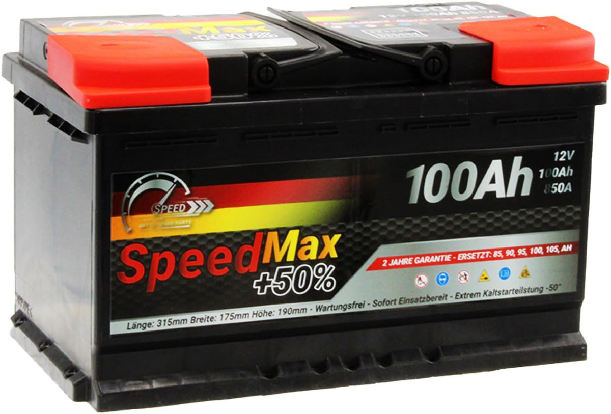 Batterie de voiture, Batterie Auto 100 Ah 850A 12v L4 Puissance Maximale, SpeedMax, 315 × 175 × 190 mm, 12 V, 60 Ah, 110 Ah, 40 Ah, 230 Ah