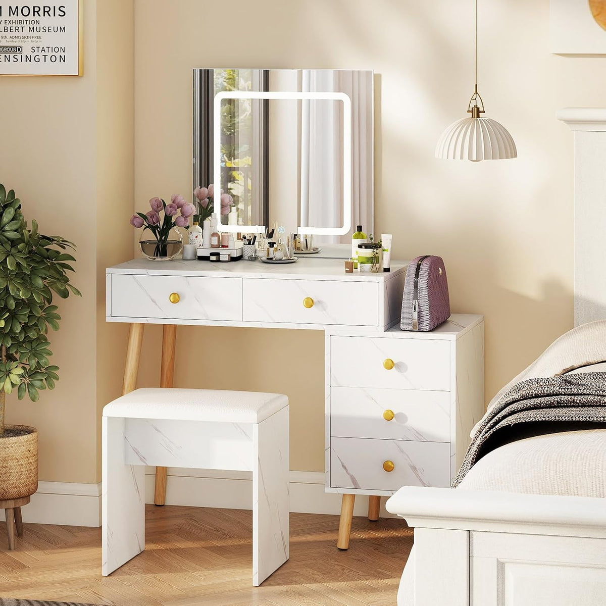 Coiffeuse, réglable, 100 × 45 × 130 cm, COSTWAY, 3 Modes, 3 Modes d'Éclairage, 5 Tiroirs, 3 tiroirs, 2 tiroirs, éclairage LED, Luminosité Réglable