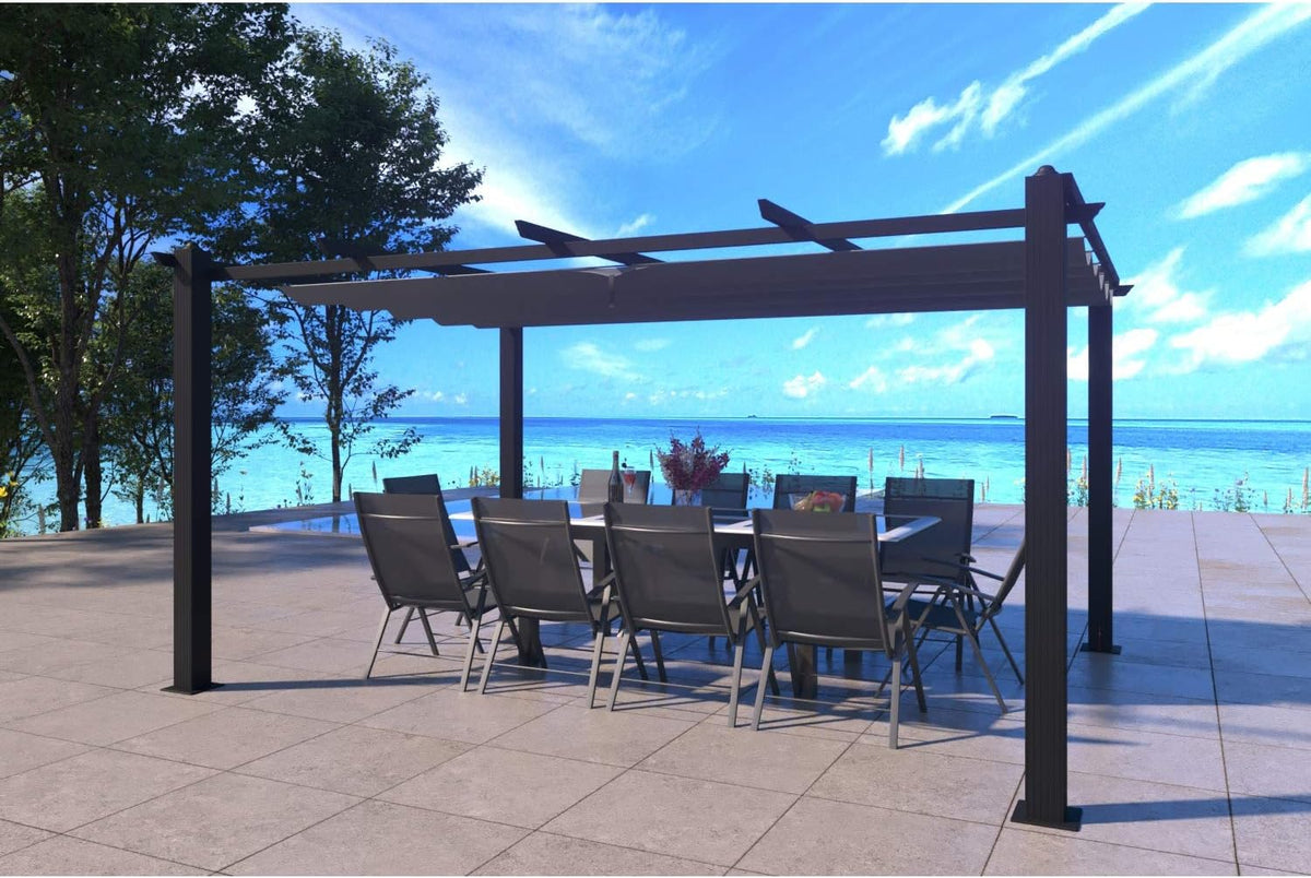 Tonnelle CONCEPT USINE 12m2, Pergola Autoportée NILA Gris Toile Rétractable 12m2, 10 × 10cm, pose libre