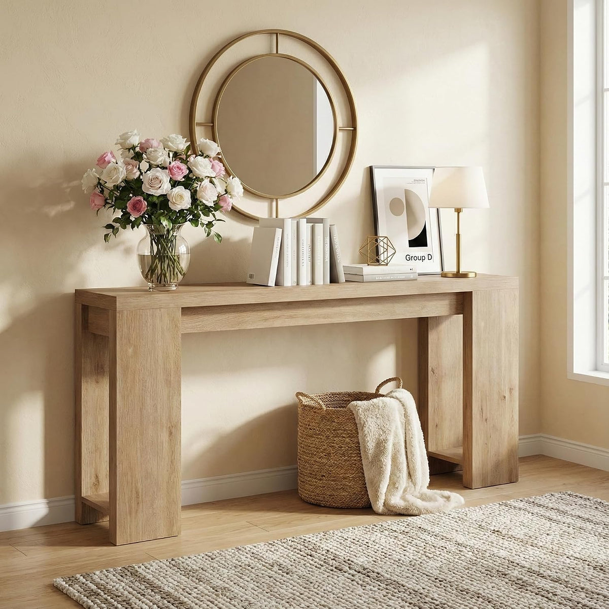 Console, 160 × 30 × 85 cm, Meuble d'Entrée avec Rangement, Meuble Decoration Salon, Lailang, 160 cm, 29.5 cm, 30 cm, 160cm, Chêne Clair