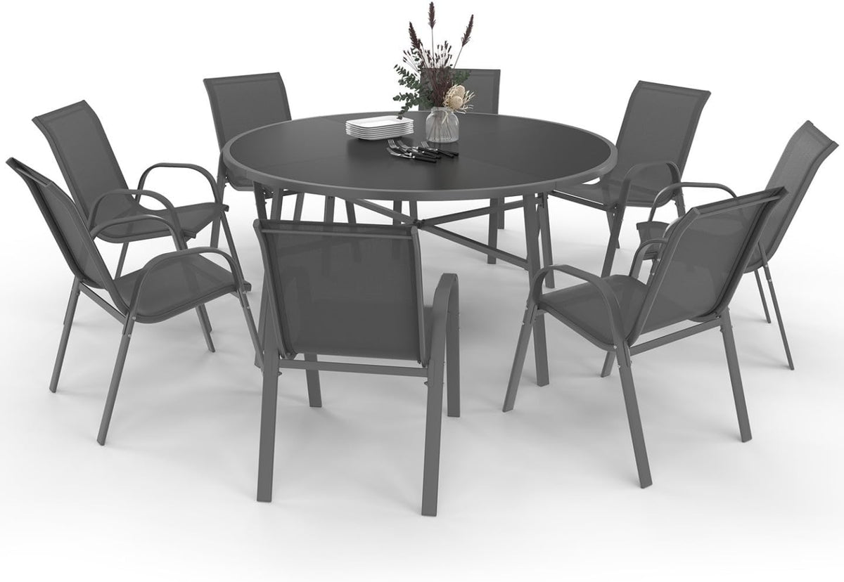 Ensemble salle à manger, verre, Salon de Jardin Madrid Table Ronde 150 cm, IDMarket, 73 cm, 84 cm, 8 chaises empilables