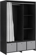 Armoire HOMCOM, 105 × 48 × 160 cm, Dressing avec Rideau, 3 Compartiments et 3 tiroirs en Tissu Amovibles, 117, 5 cm, 105l, 2 étagères, Noir
