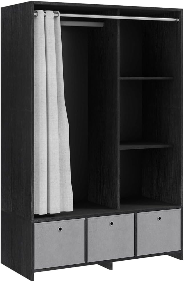 Armoire HOMCOM, 105 × 48 × 160 cm, Dressing avec Rideau, 3 Compartiments et 3 tiroirs en Tissu Amovibles, 117, 5 cm, 105l, 2 étagères, Noir