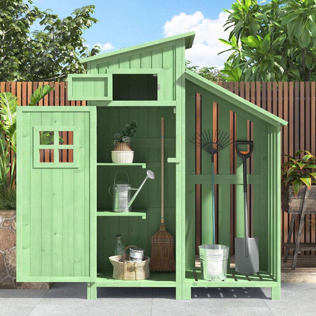 Abri de jardin, Cabane de Jardin avec Toiture en PVC, Armoire de Jardin Extérieur avec 2 Étagères, BTM, 124 × 46 × 174cm, Résistant aux Intempéries