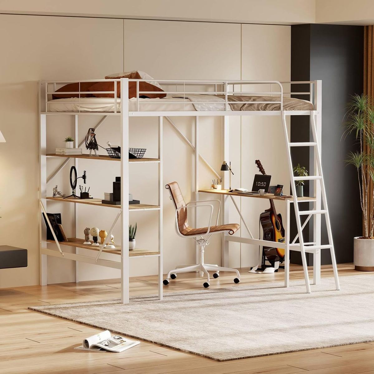 Cadre de lit PUGSDRLY 90x200cm, Lit Mezzanine 1 Place avec Bureau et Trois étagères, 90 × 200cm, sans Matelas, Blanc