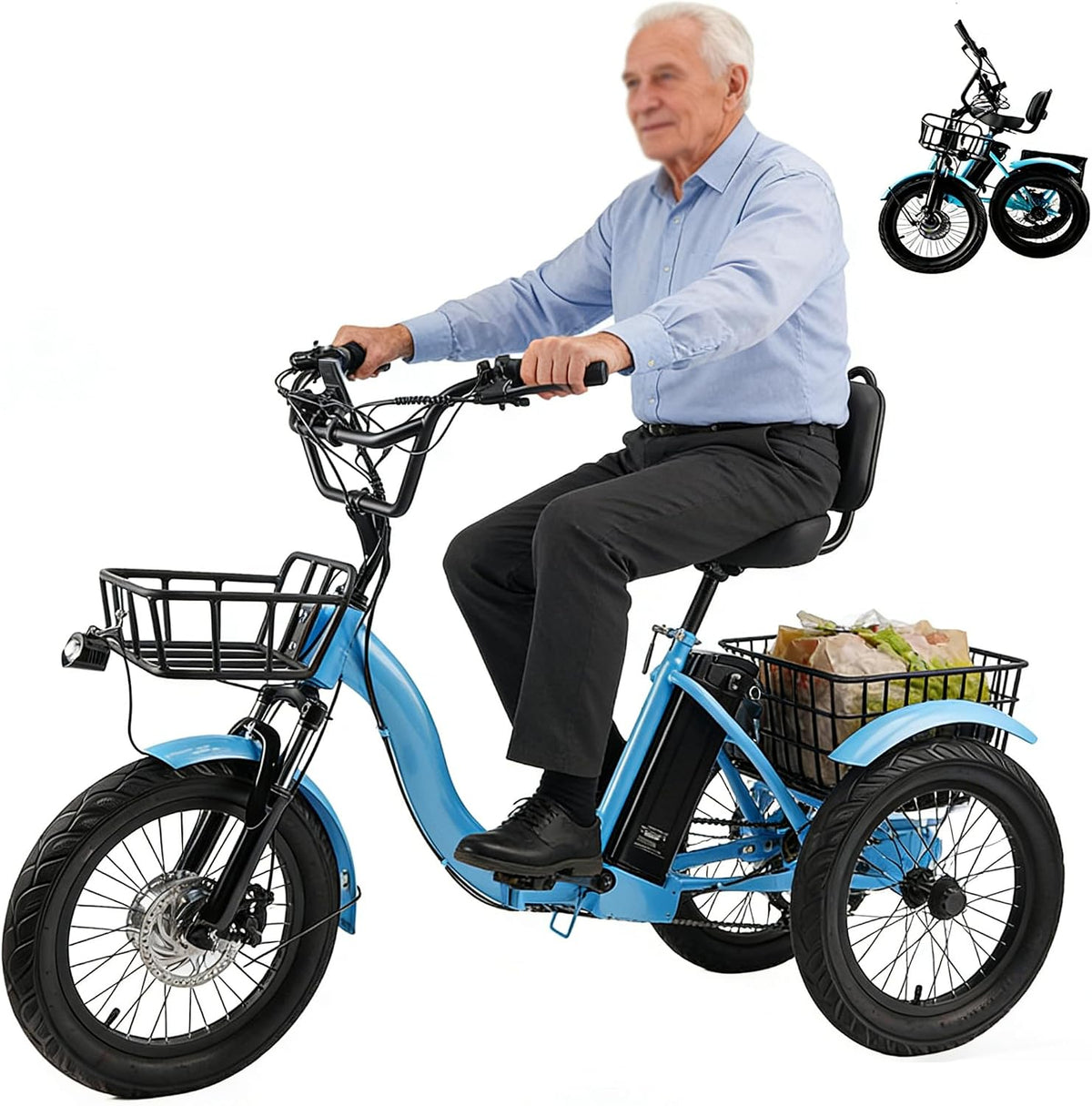 Tricycle, pour Les Courses Et Les Pique-Niques. Bleu, éclairage LED, 48 v, HDaspijh, 13 Ah, 3 pouces, 48 v 13 Ah, Pneu Large 18' X 3, 0, pliable