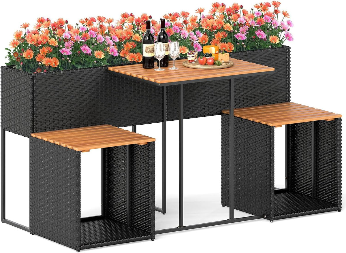 SOARS bistro, Salon de Jardin avec Jardinière Surélevée, Table & 2 Chaises, réglable, Noir