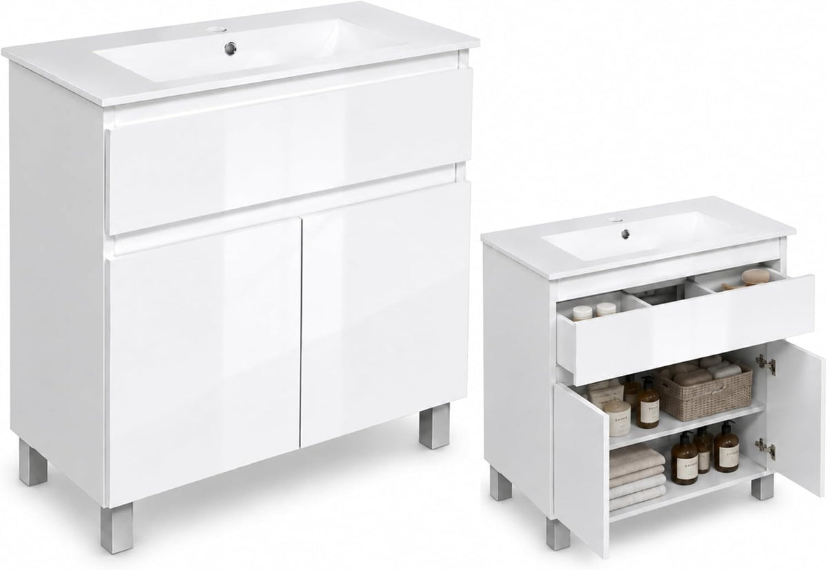 Meuble-lavabos, Lavabo avec Meuble Ariza 80 cm de Large, paplinskimoebel, Lavabo avec Meuble sous Vasque avec 2 Portes, réglable