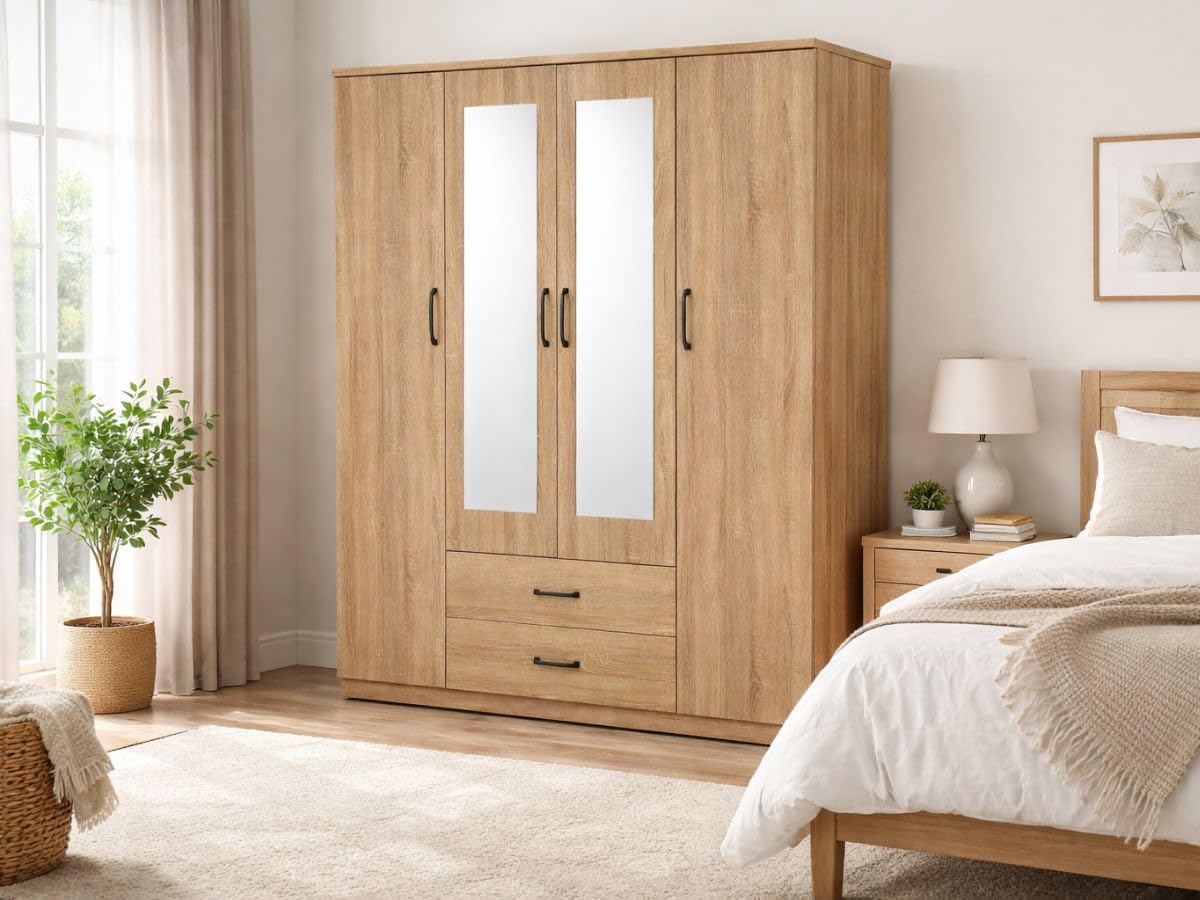 Armoire Proconfort, réglable, 160 cm, Blanc/Chêne/Bois Grisé, Rangement pour Chambre, 4 Portes, 2 Tiroirs, 7 étagère, Étagères et 2 Tiroirs