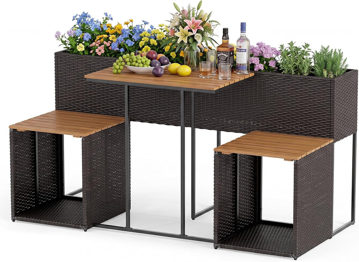 bistro, Table & 2 Chaises, réglable, Salon de Jardin avec Jardinière Surélevée, SOARS, Marron