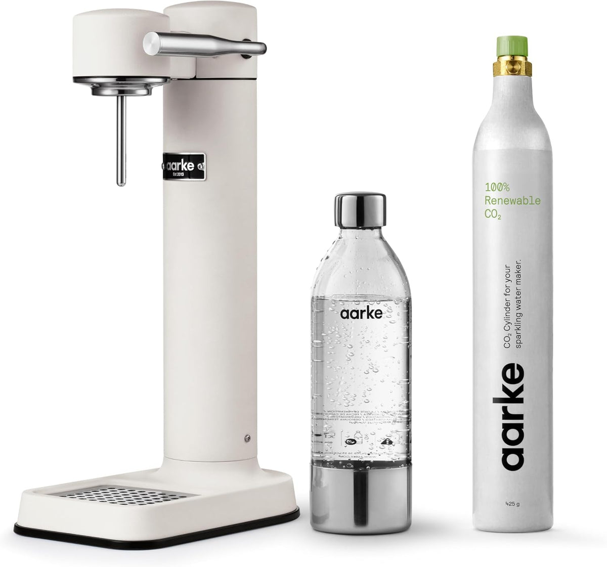 aarke Machine à eau pétillante et sodas, 60 L, finition blanc mat + cylindre de 60 litres avec CO2 renouvelable, acier inoxydable