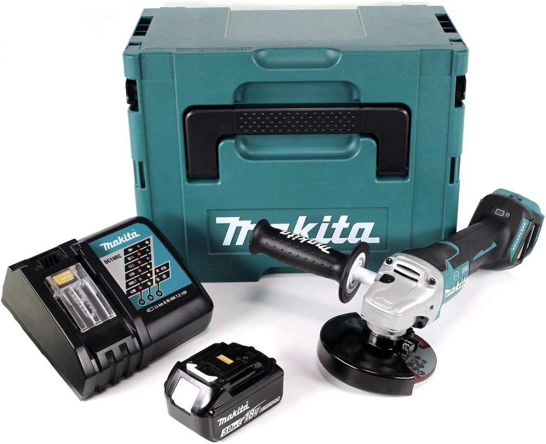 Makita Meuleuse d'angle, éclairage LED, 382 × 140 × 151 mm, 18 V, 22, 23 mm, 125 mm, 8500 tr/min, 3, 0 Ah, RF1J, 18V, 125mm, 3, 0Ah, réglable