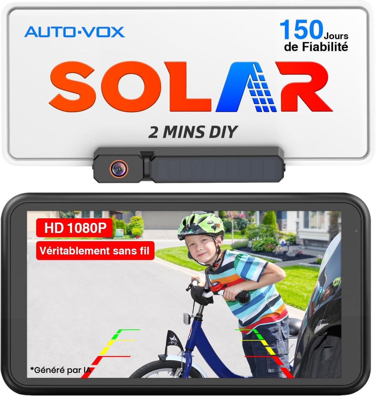 Moniteur PC, 1080P, Caméra de Recul sans Fil Solaire, AUTO-VOX, 5000mAh