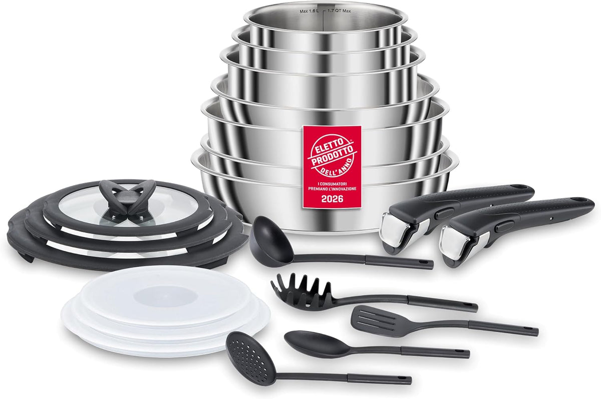 Set de poêles et casseroles, Ingenio INOX Lot de 20 Pièces en Acier Inoxydable, pliable, Lagostina, 20 cm, 26 cm, 24 cm, 250 °C, verre