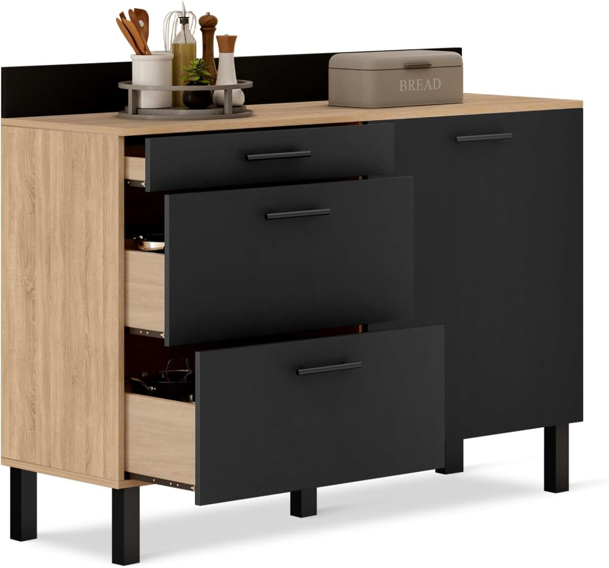 Buffet, réglable, 120 cm, IDMarket, 120 × 40 × 93 cm, 120 × 40 cm, 83 cm, 10 cm, 65 cm, 3 tiroirs, 2 tiroirs, 1 étagère, Noir