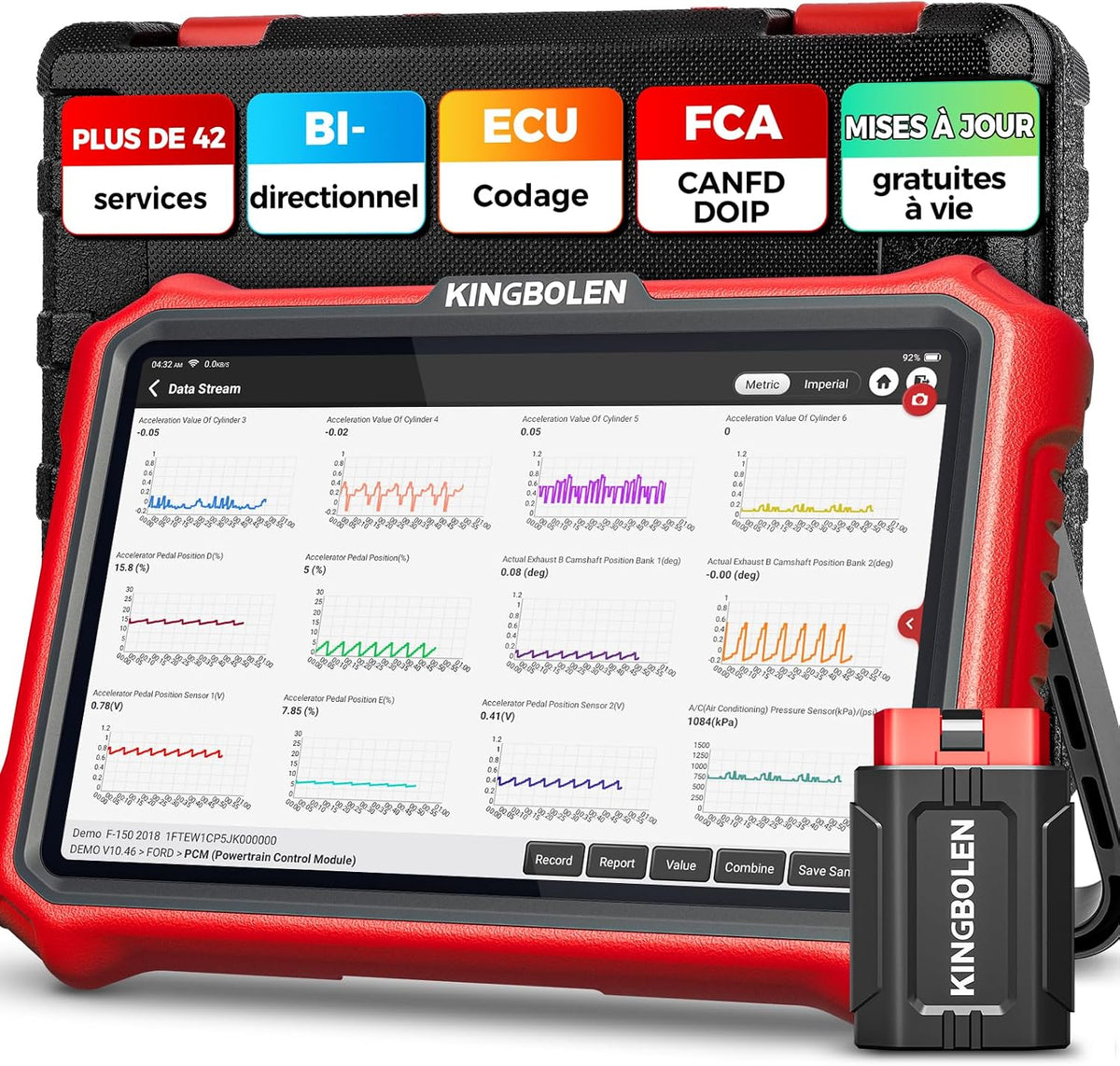 KINGBOLEN OBD2 Outil diagnostics pour système de moteur OBD-II, 8 pouces, OBD2 Diagnostic Français pour système Complet avec 42+ Réinitialisations