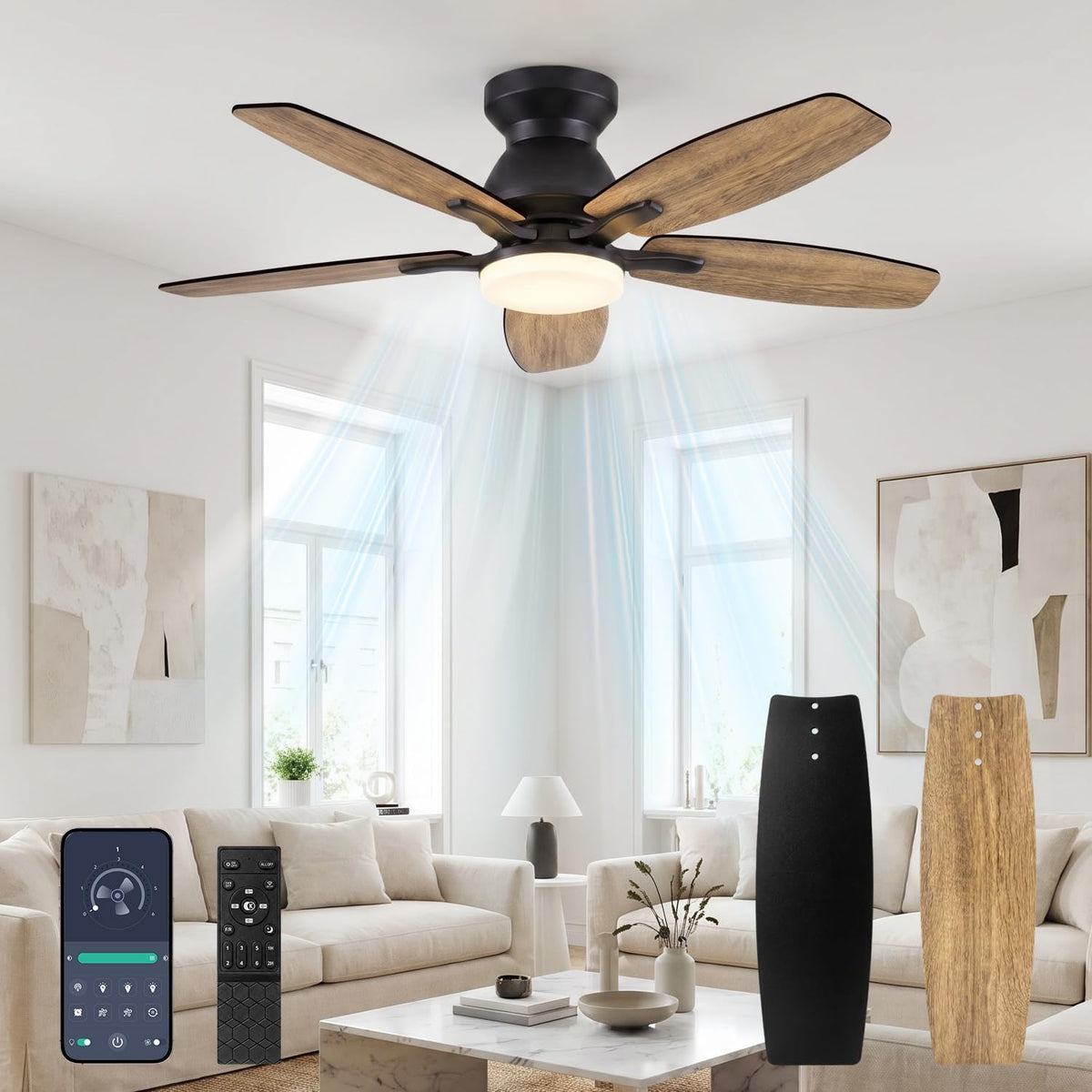 Ventilateur de plafond Macchiatto, télécommande, 106 cm, 6 Vitesses, 6 niveaux, 5 Pales, 3 Températures de Couleur, éclairage LED, Noir, minuterie