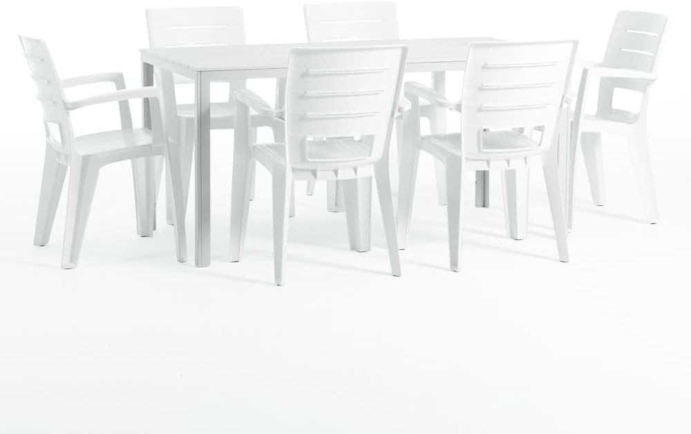 SIEDITI FUORI E DENTRO Ensemble salle à manger, Ensemble repas de jardin ou d'extérieur pour 6 personnes effet bois blanc, 78 cm