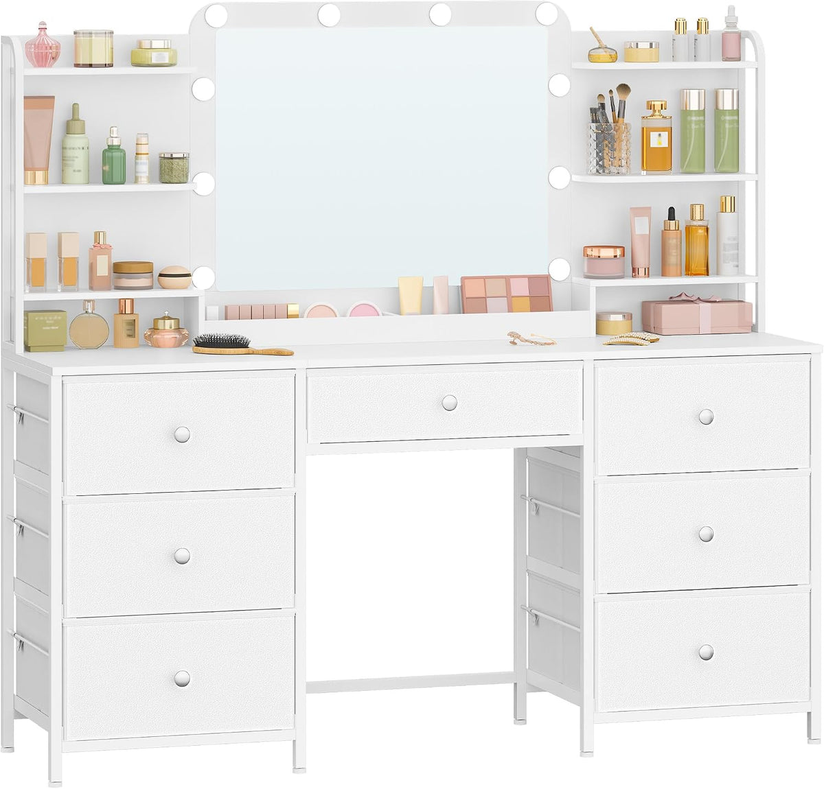 Coiffeuse Hzuaneri DT43803XEU, éclairage LED, 150 cm, Dressing de Chambre, Moderne Blanc DT43803XEU, 7 Tiroirs, 6 éTagèRes, réglable