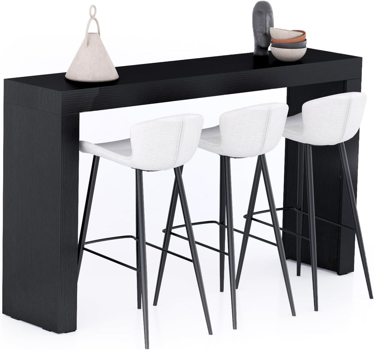 Buffet MOBILI FIVER 180x40, Frêne Noir avec 2 Pieds, Table Haute de Cuisine pour 3 Personnes, Made in Italy