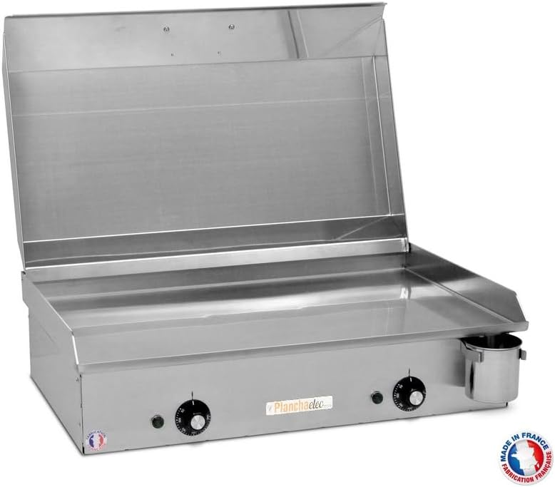 Plancha, acier inoxydable, réglable, 64 × 40 cm, Mirichaud, L65 X P43 X H18 cm, E650-2400W, 3mm, 2 zones, Couvercle + 2 Ustensiles, 10 Personnes
