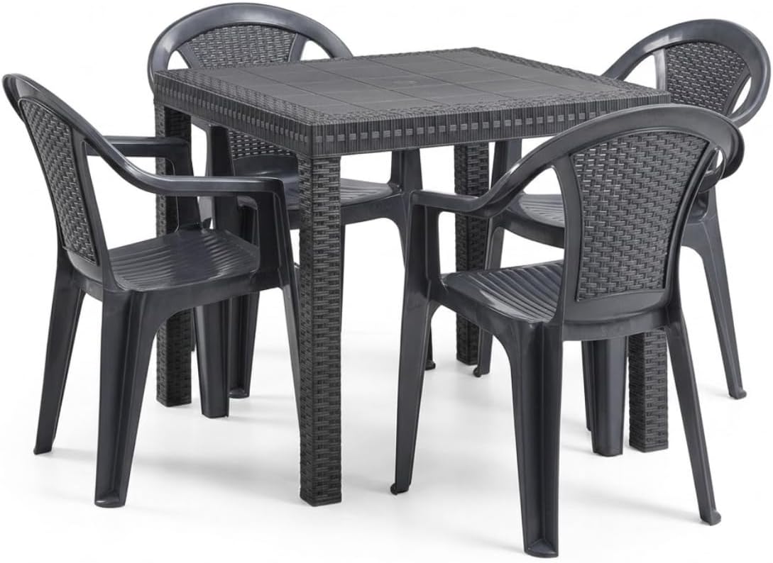 Salon de jardin, Ensemble table et chaises de jardin en plastique imitation rotin, 79 × 79 × 72 cm, Tomaino