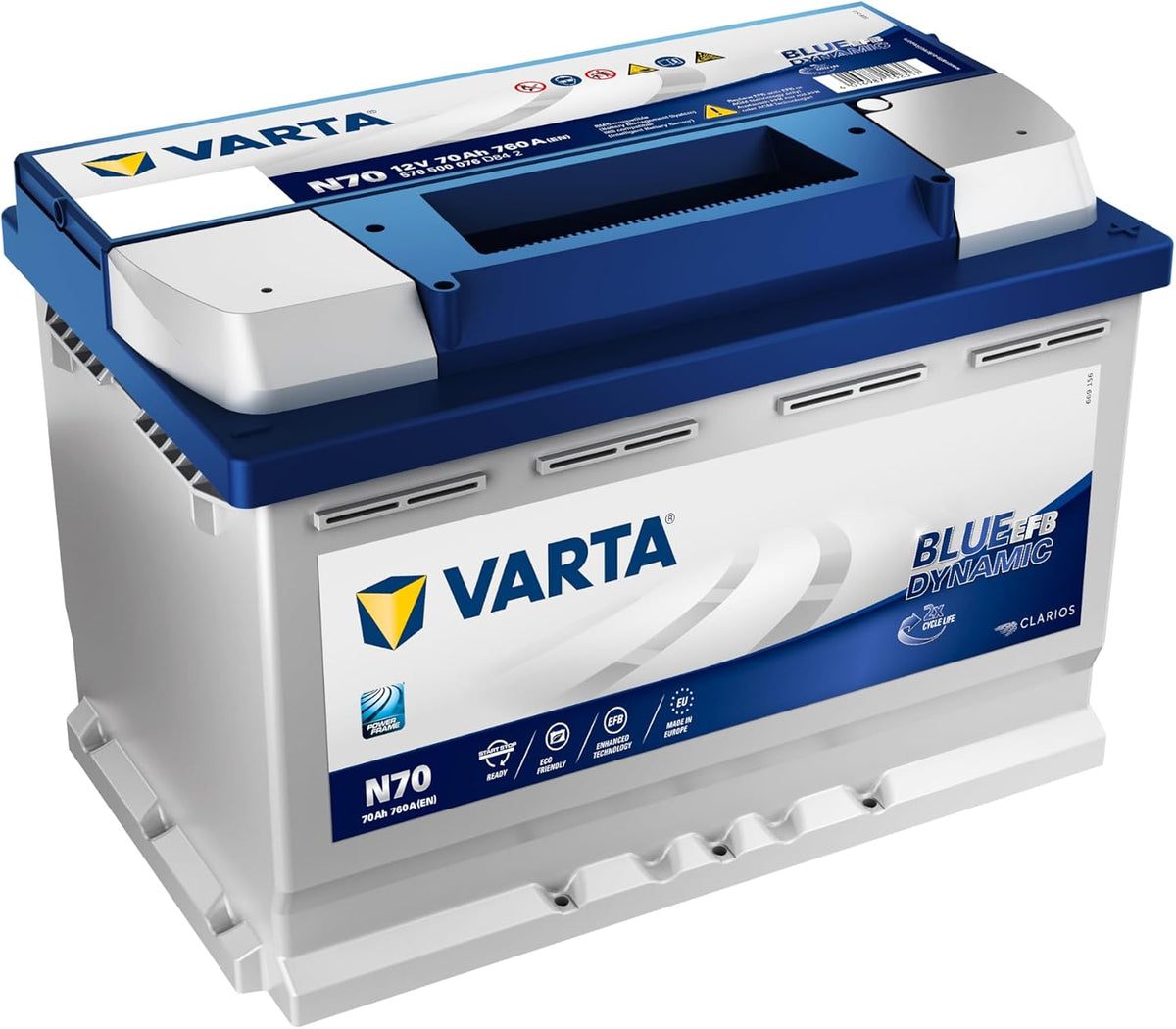 Batterie de voiture, 70 Ah, Varta, 278 × 175 × 190 mm, 12 V, 70 Ah 760 A, Bleu Dynamic EFB N70