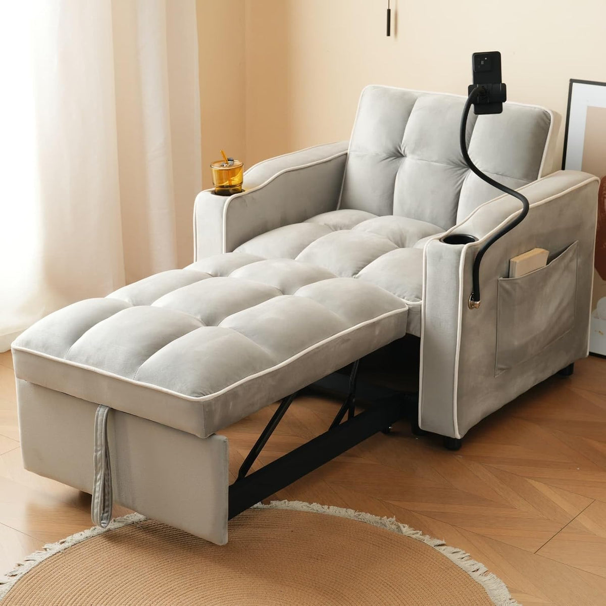 Canapé, réglable, pour Salon, KOMHTOM, Fauteuil avec Poche de Rangement Latérale, Gris Blanc Antique, portable, Chambre à Coucher