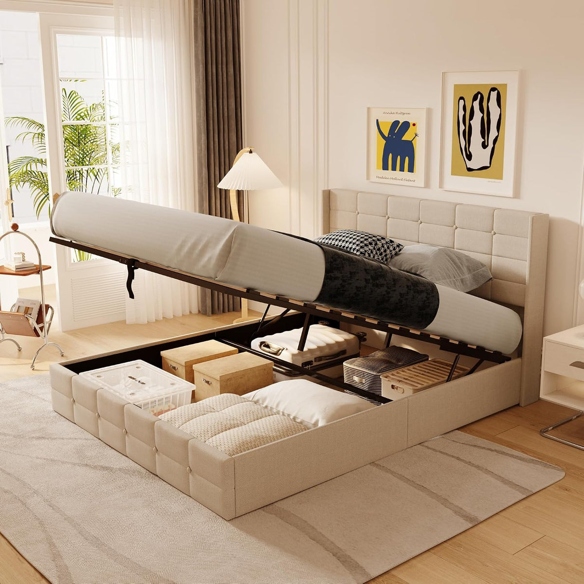 Lit, 160 × 200 cm, sans Matelas, Blishom, 160 × 200cm, Sommier à Lattes, Beige