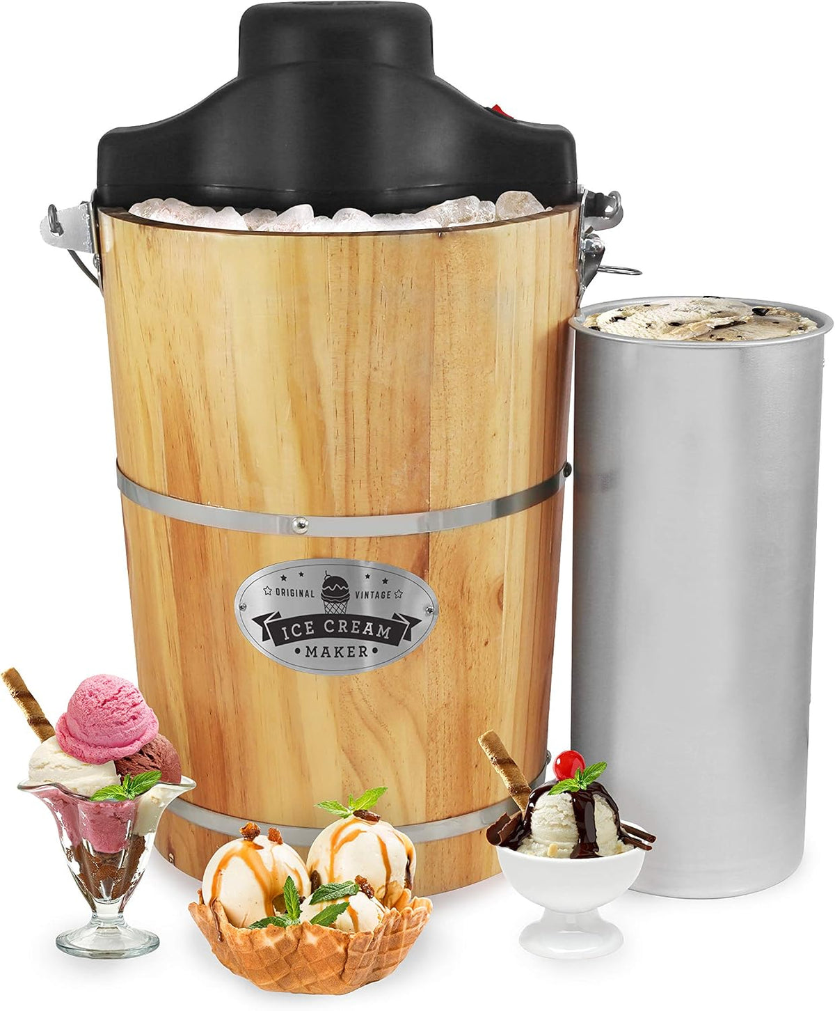 Elite Gourmet EIM916 Machine à glace et sorbetières, 5, 7 L, avec manivelle moulée sous pression, 90 tr/min, pin