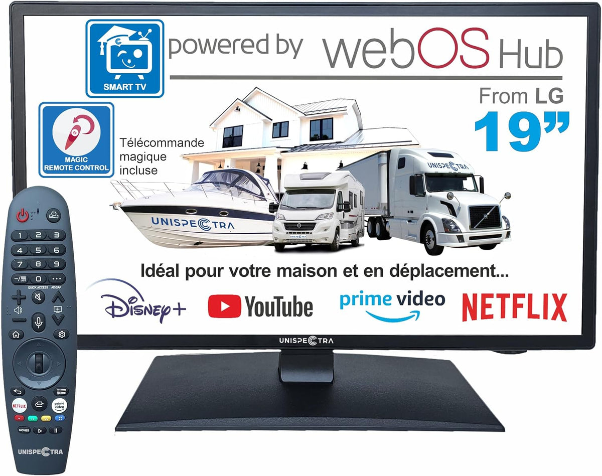 Téléviseur, 19 pouces, télécommande, Unispectra, 3xHDMI 2xUSB, 12v, 230v, 24v, 240V, Wi-Fi, Bluetooth, webOS, portable, caravanes, Bateaux