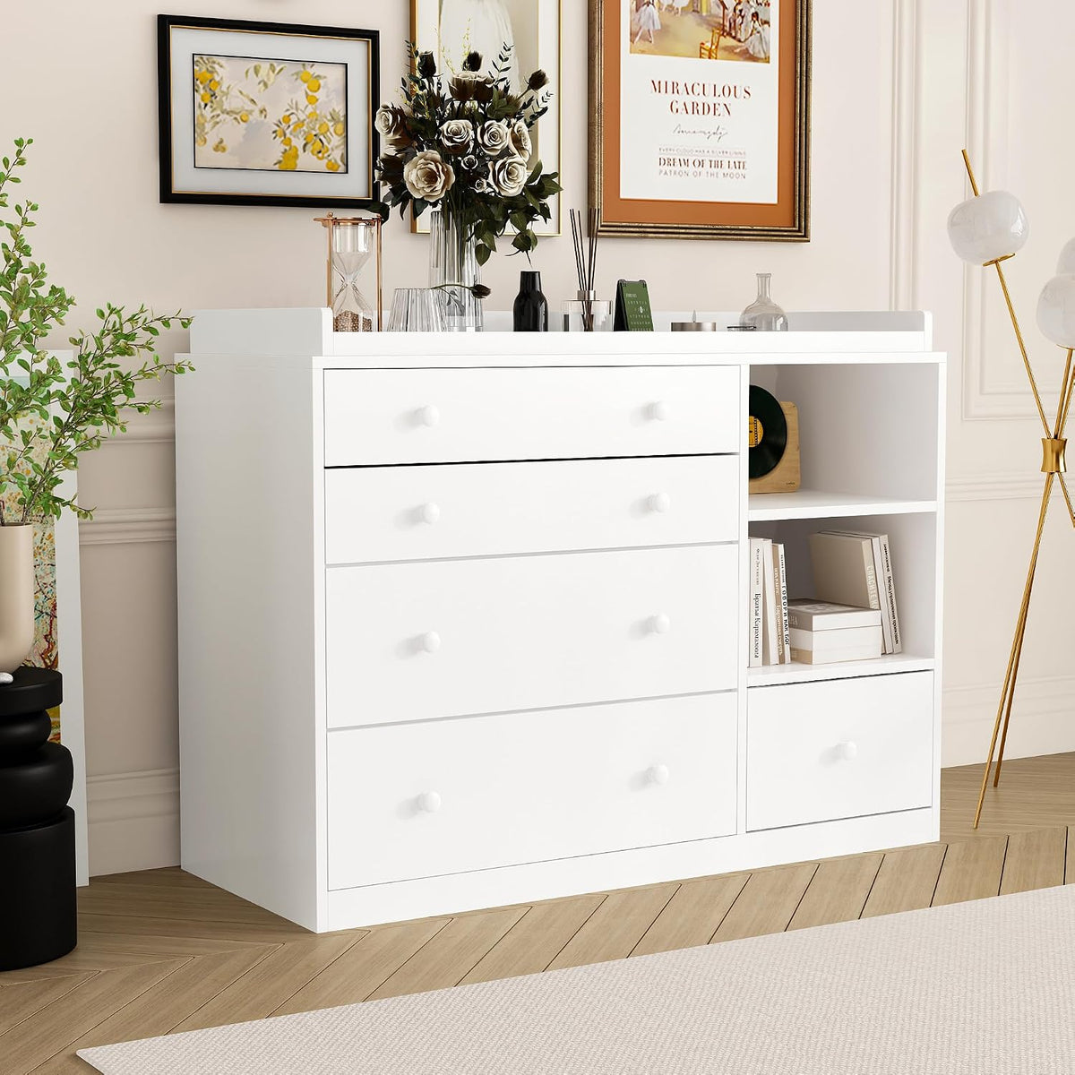 Table à langer, MDF, 120 × 92 × 50 cm, étagère à langer avec 5 tiroirs, soins pour bébé, DEZAGCE, 2 étagères, blanc, commode à langer