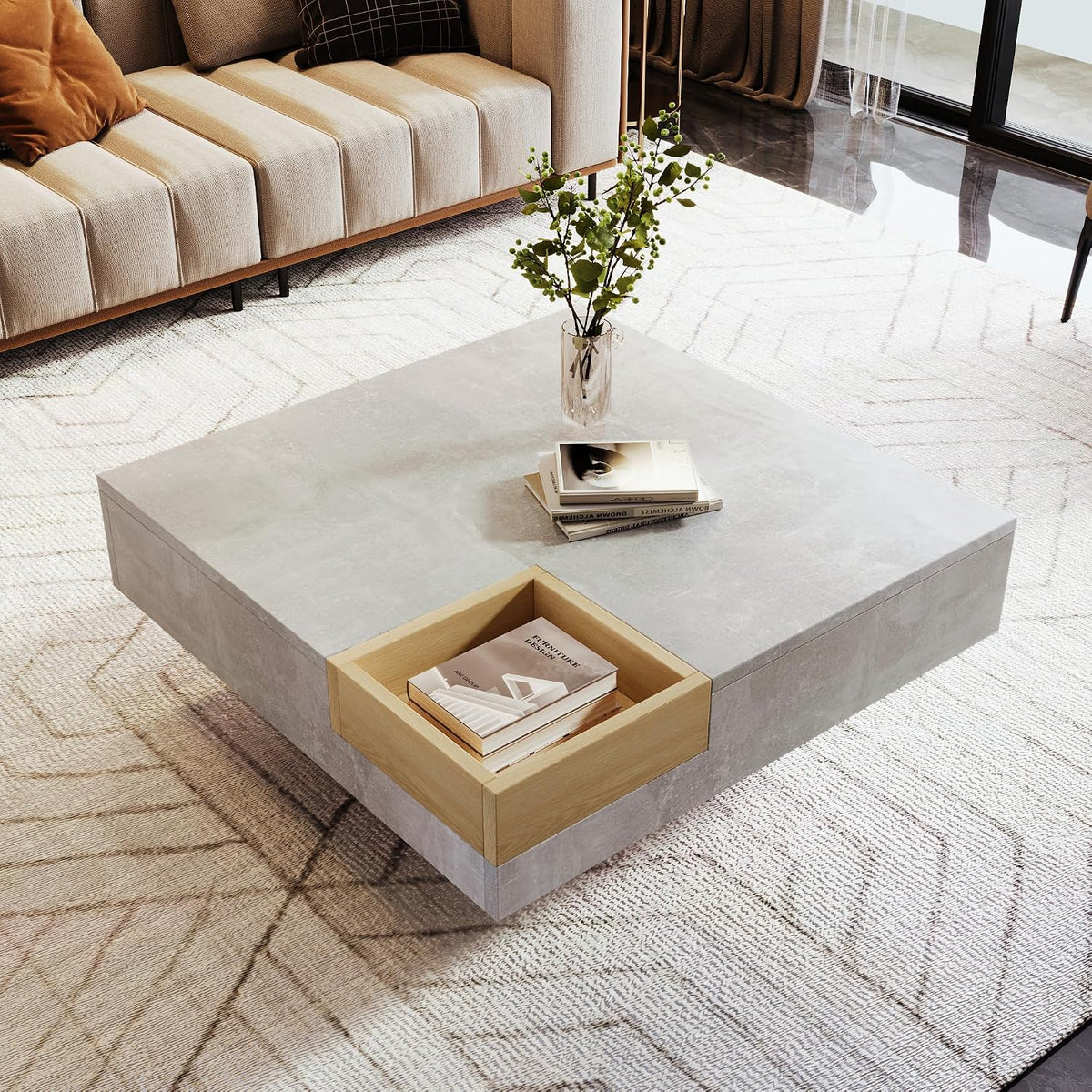 Table basse, 72 × 72 × 30 cm, table d'appoint avec boîte de rangement amovible, gris et couleur bois, Merax