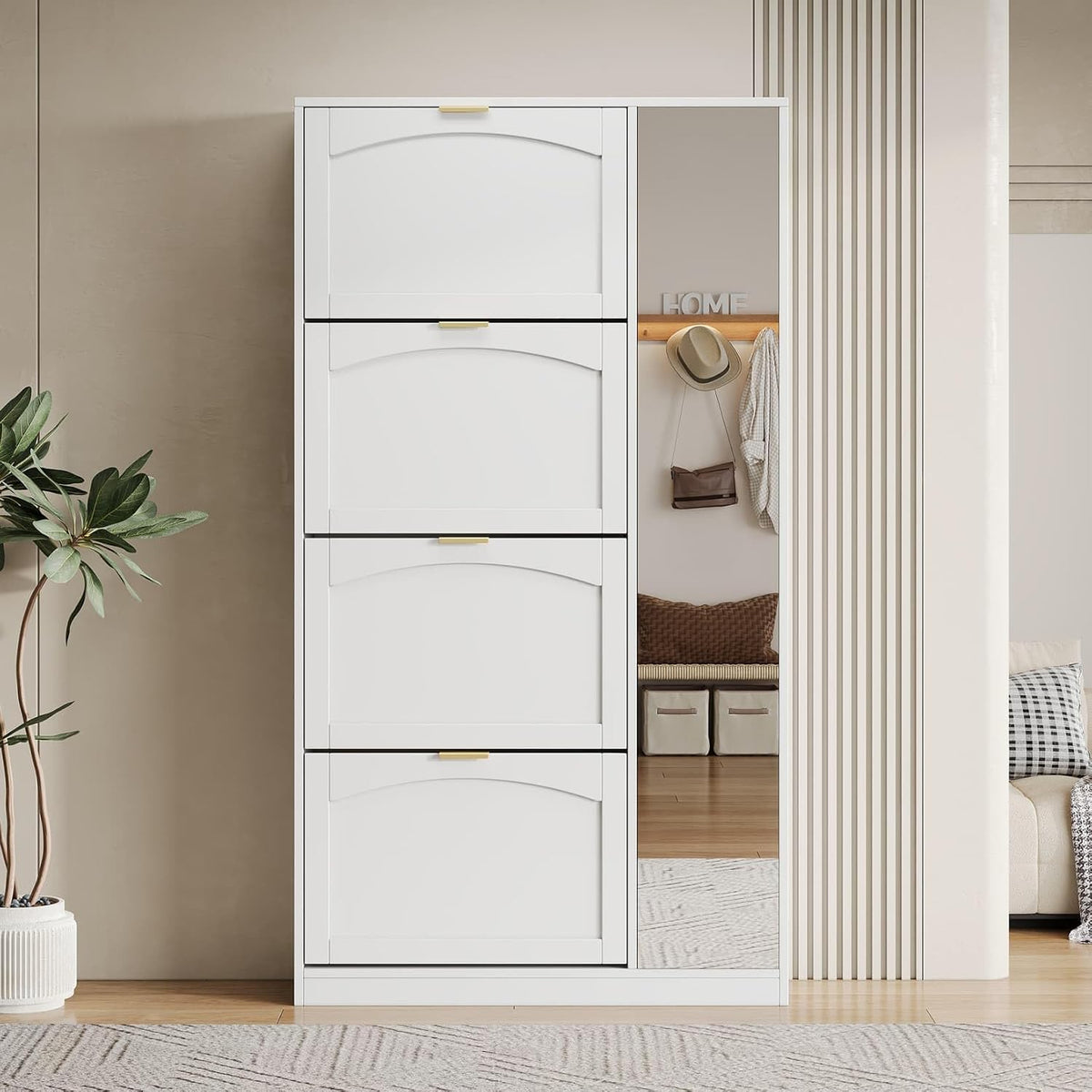 Armoire, 8 niveaux, Meuble à Chaussures Mince avec 4 Tiroirs Réversibles Double Couche, pour Entrée, PUGSDRLY, 4 étagères, réglable, Blanc