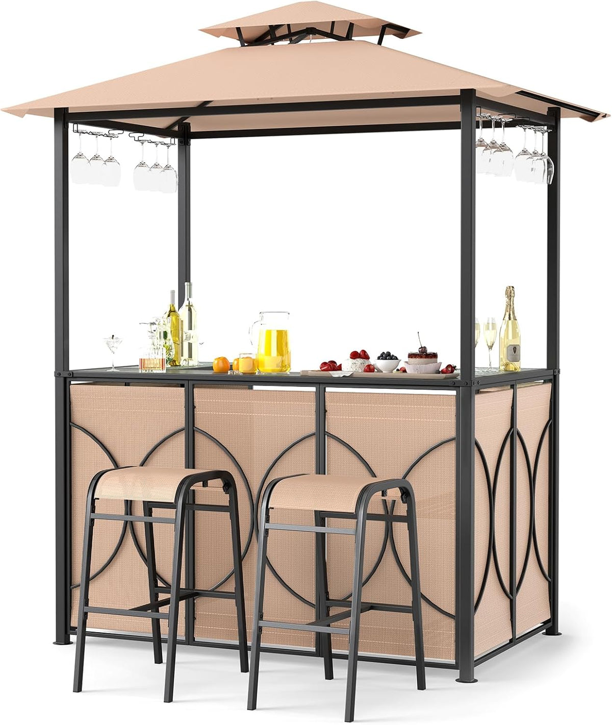 Tonnelle, Auvent de Réception pour Jardin avec Plateau en Verre Trempé, 194 × 121 × 242 cm, COSTWAY, 2 niveaux, Étagères de Rangement